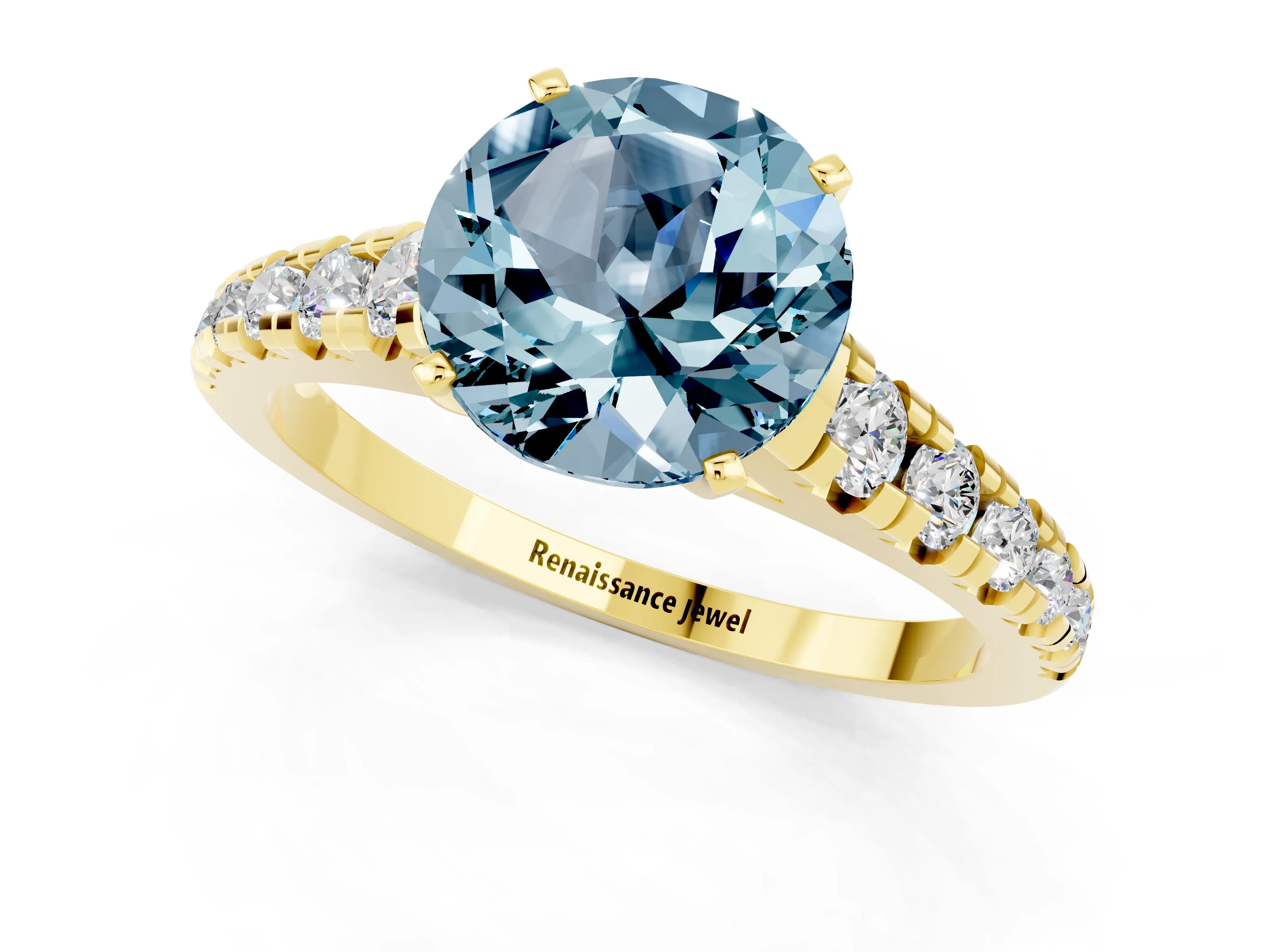 Yellow gold Round Cut Aquamarine Solitaire Ring with Cathedral Setting and Pavé Band_1
