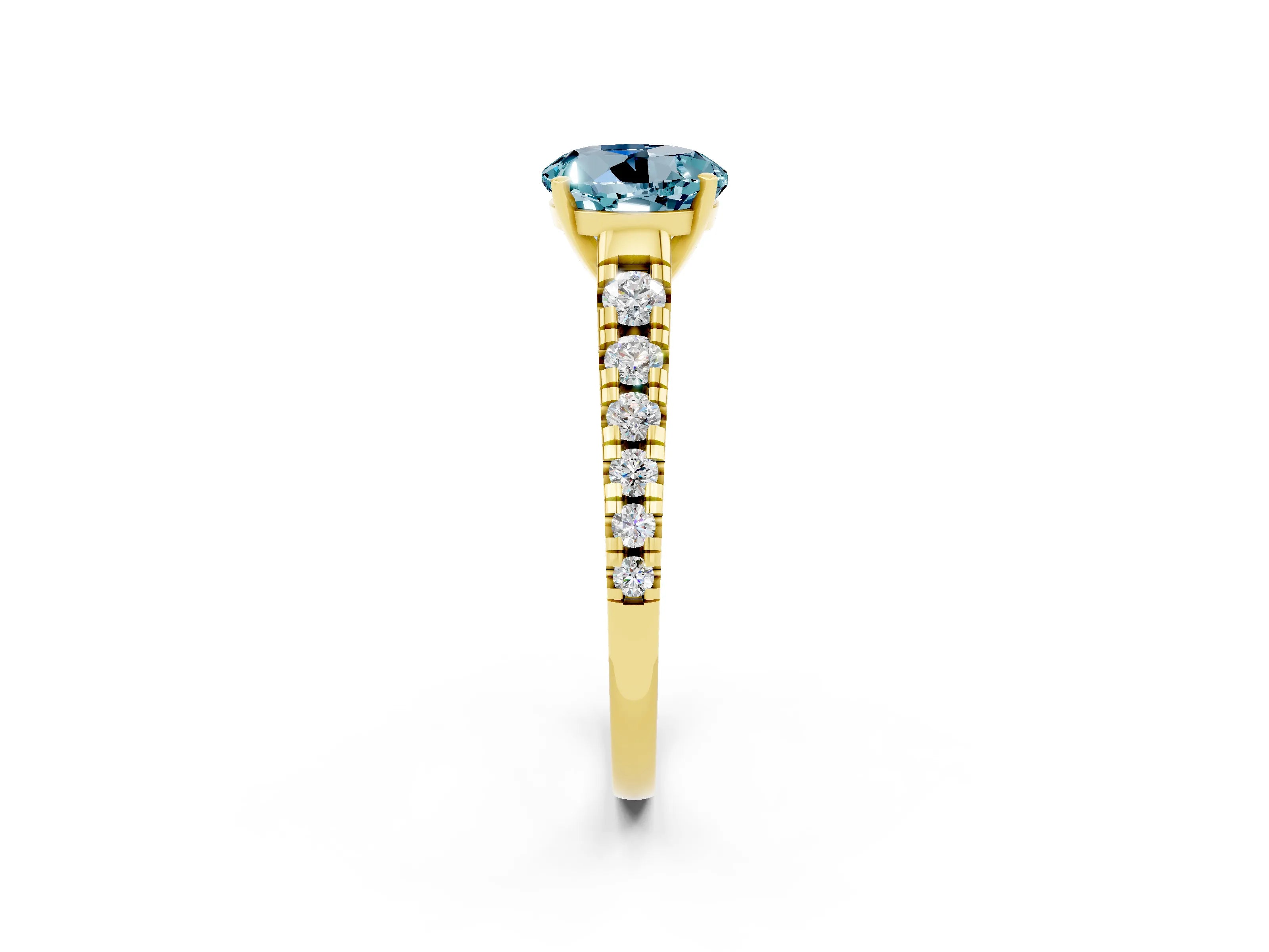 Yellow gold Round Cut Aquamarine Solitaire Ring with Cathedral Setting and Pavé Band_2