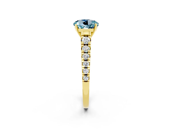 Yellow gold Round Cut Aquamarine Cathedral Solitaire Ring with Round  Pavé Band