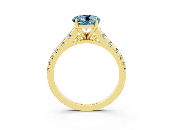 Yellow gold Round Cut Aquamarine Cathedral Solitaire Ring with Round  Pavé Band