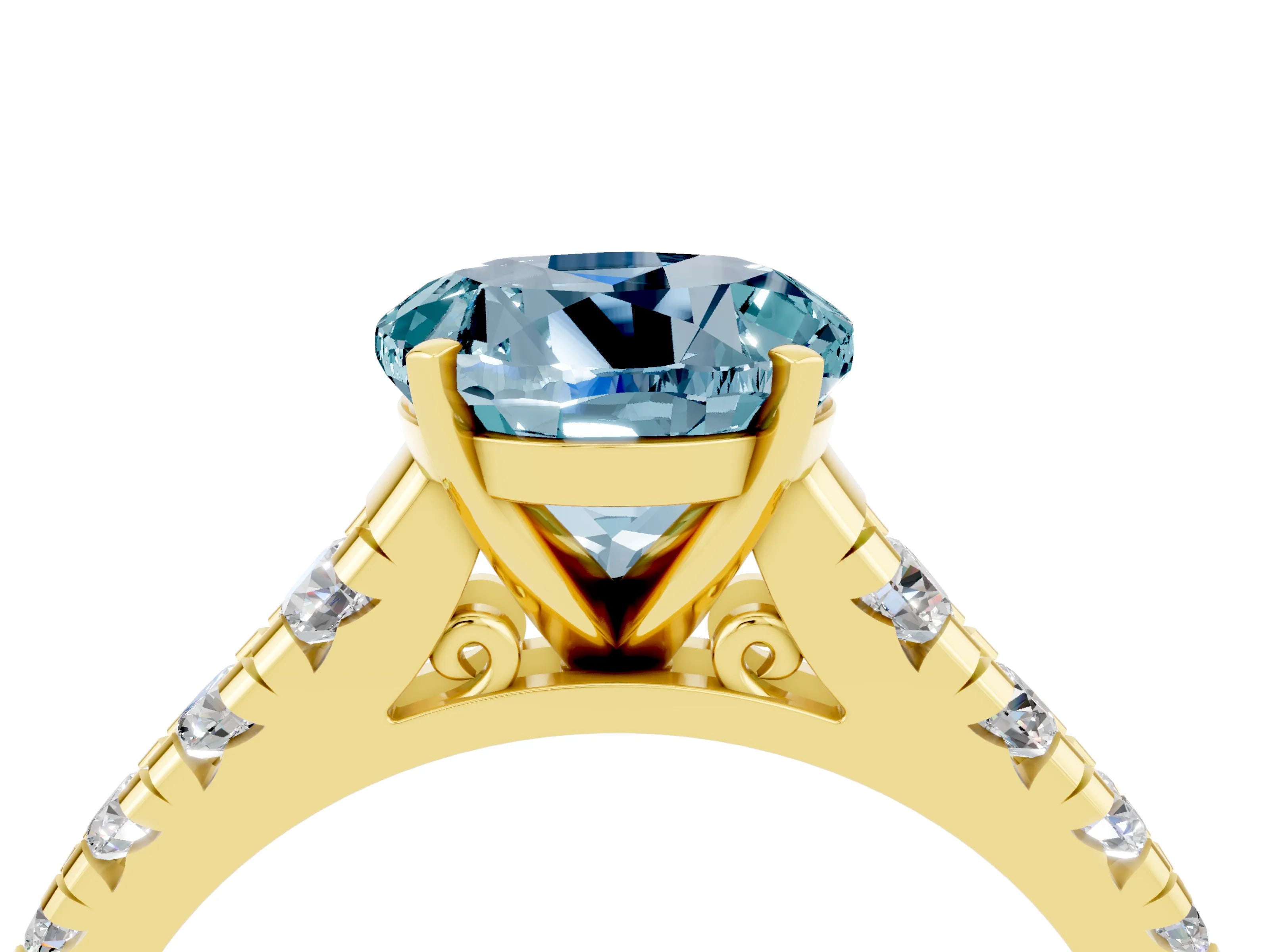 Yellow gold Round Cut Aquamarine Solitaire Ring with Cathedral Setting and Pavé Band_4