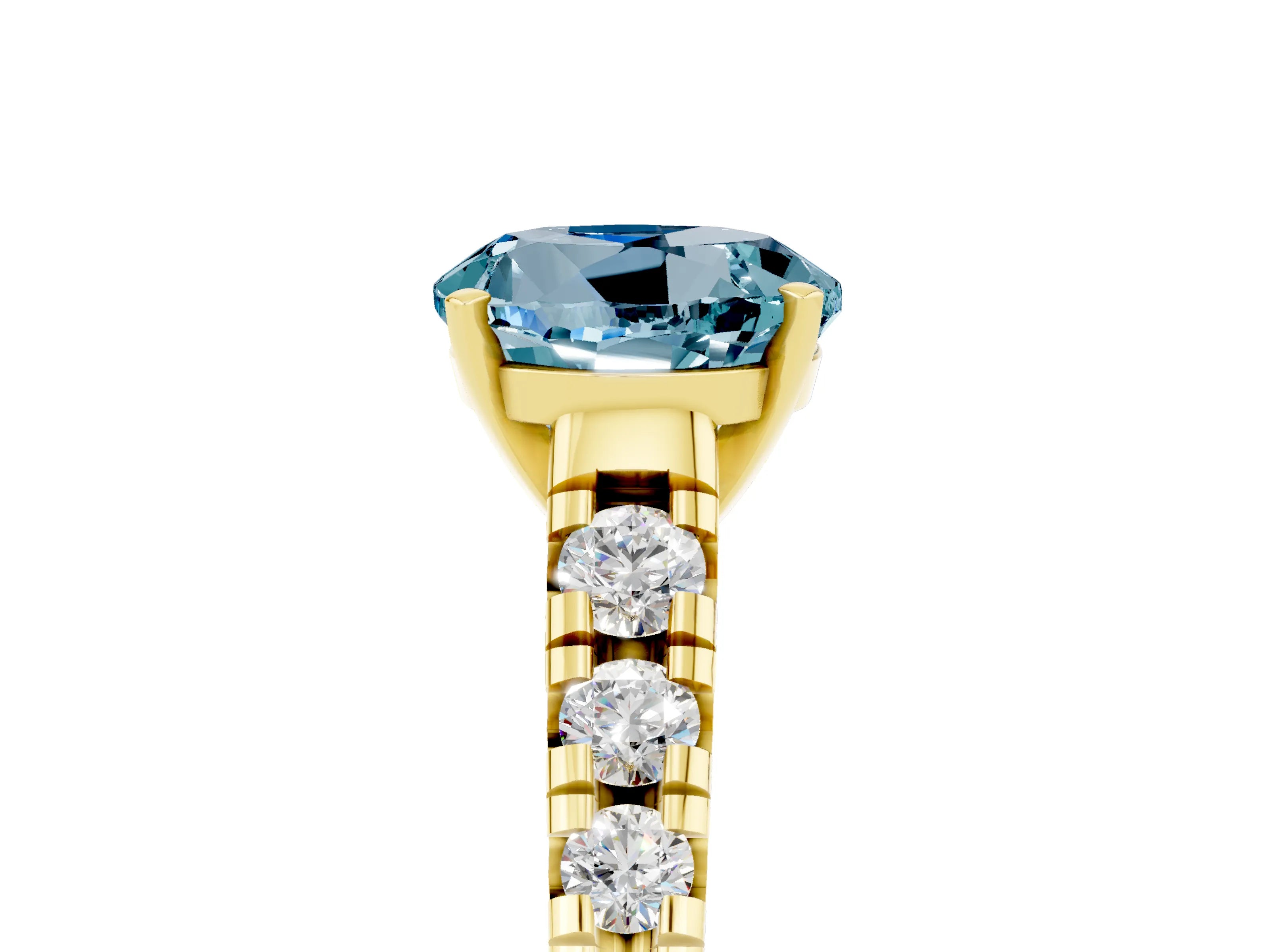 Yellow gold Round Cut Aquamarine Solitaire Ring with Cathedral Setting and Pavé Band_5