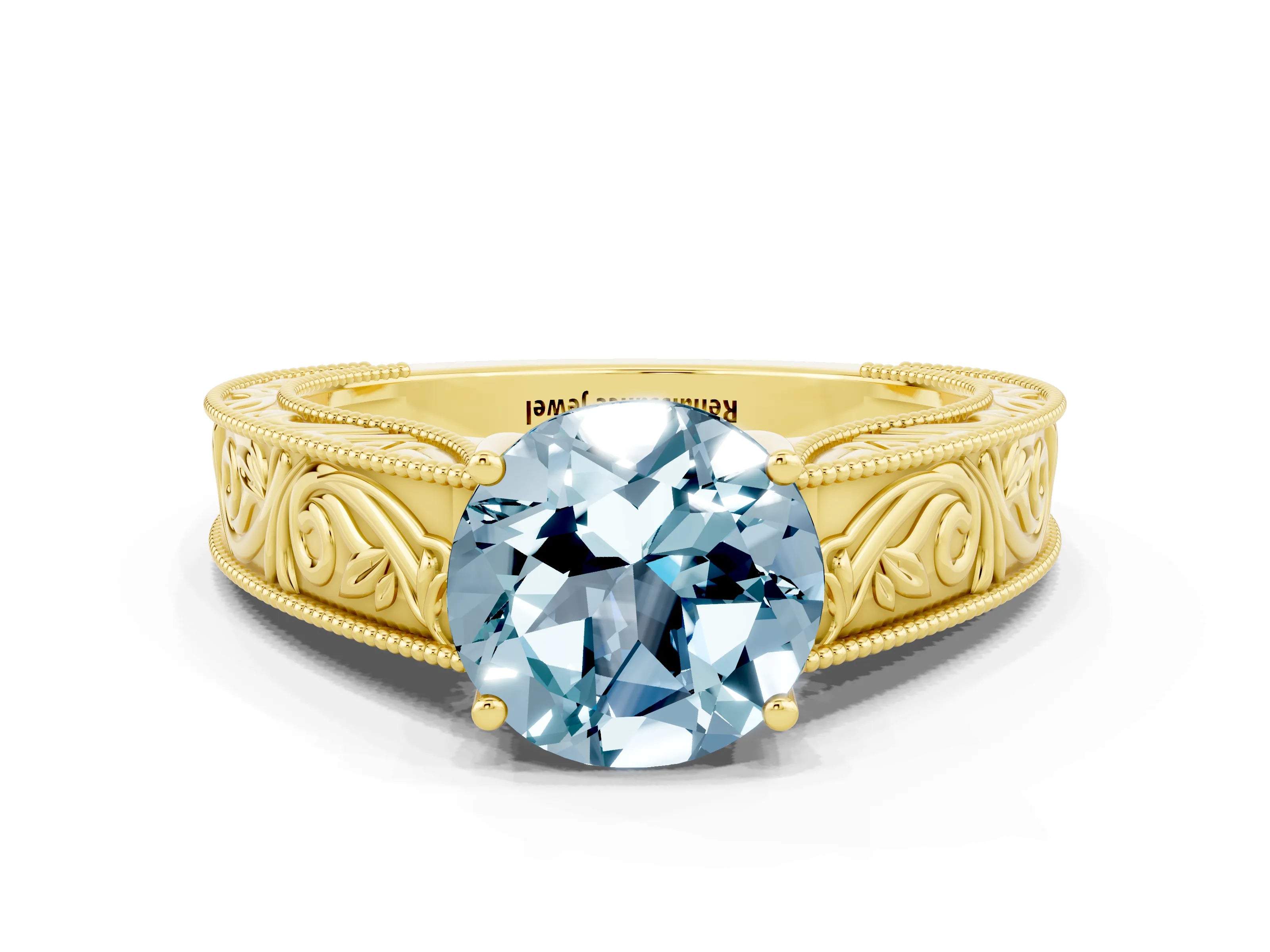 Yellow gold Round Cut Aquamarine Solitaire Ring with Engraved Band and Four-Prong Setting