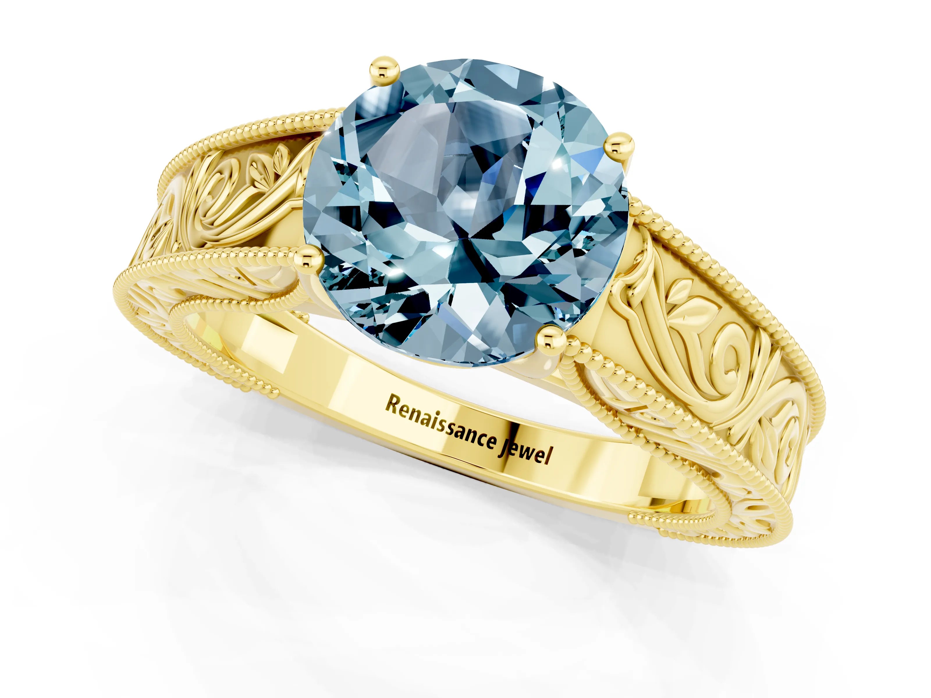 Yellow gold Round Cut Aquamarine Solitaire Ring with Engraved Band and Four-Prong Setting_1