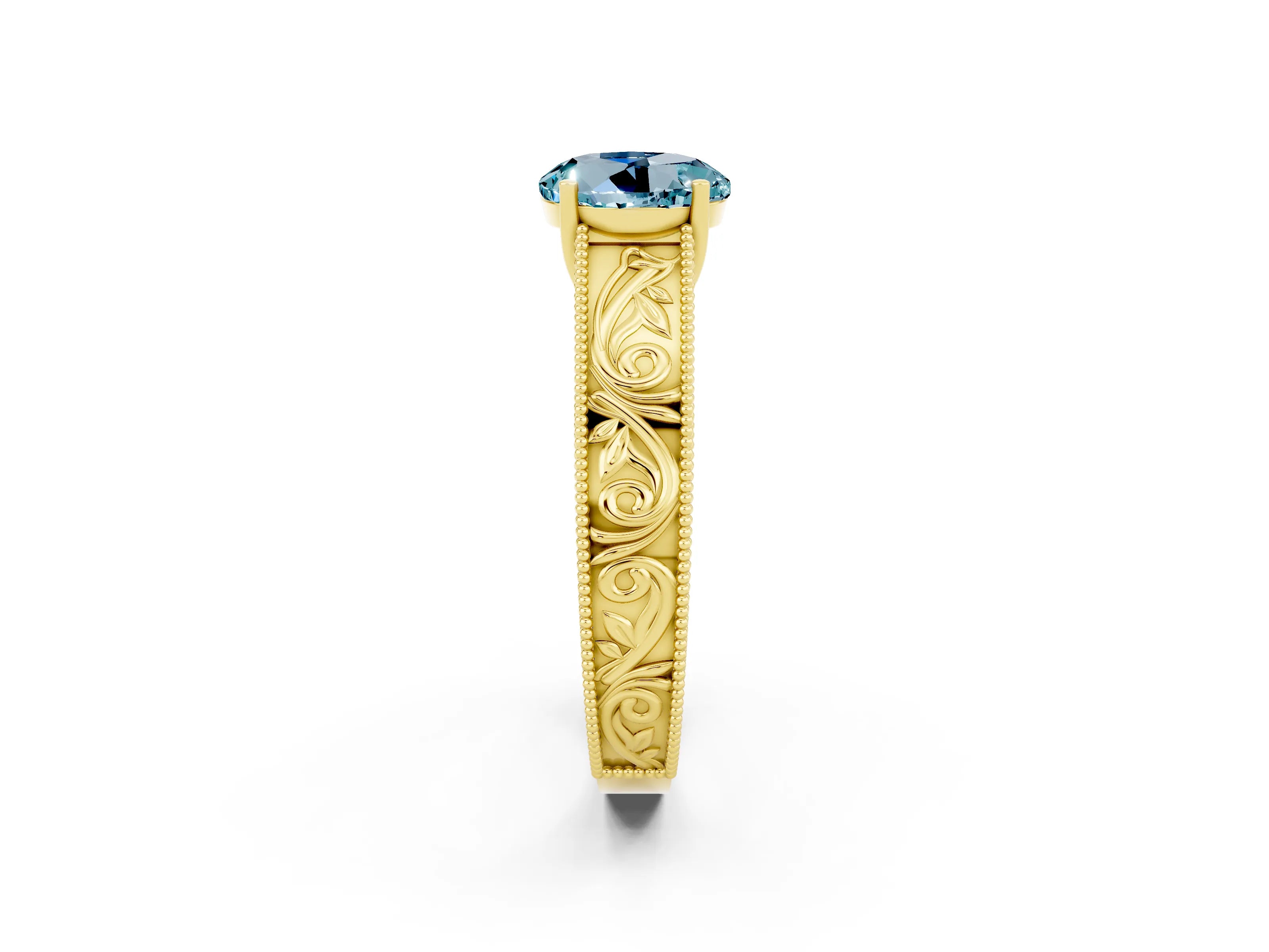 Yellow gold Round Cut Aquamarine Solitaire Ring with Engraved Band and Four-Prong Setting_2