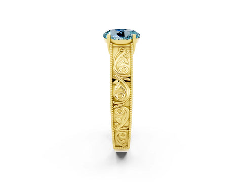 Yellow gold Round Cut Aquamarine Solitaire Ring with Engraved Band and Four-Prong Setting_2
