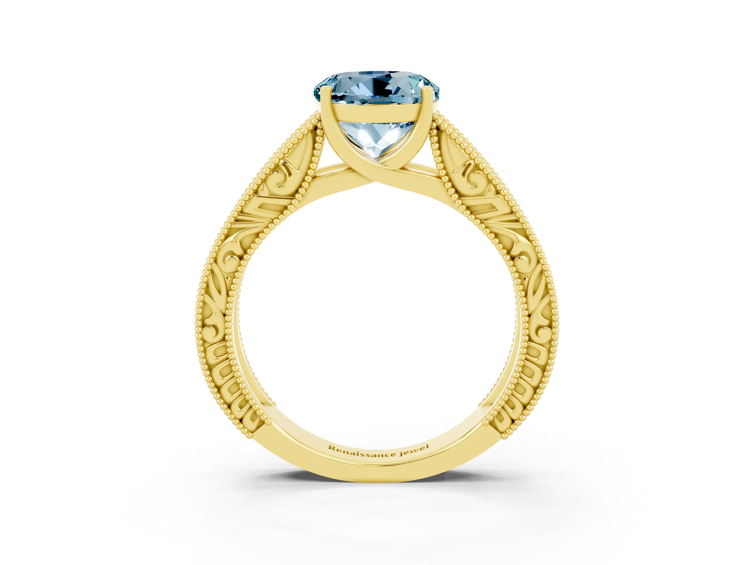 Yellow gold Round Cut Aquamarine Solitaire Ring with Engraved Band and Four-Prong Setting_3