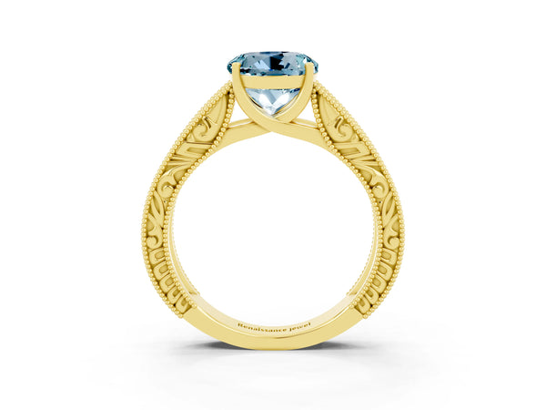 Yellow gold Round Cut Aquamarine Solitaire Ring with Engraved Band and Four-Prong Setting