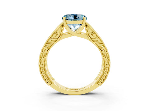 Yellow gold Round Cut Aquamarine Solitaire Ring with Engraved Band and Four-Prong Setting_3