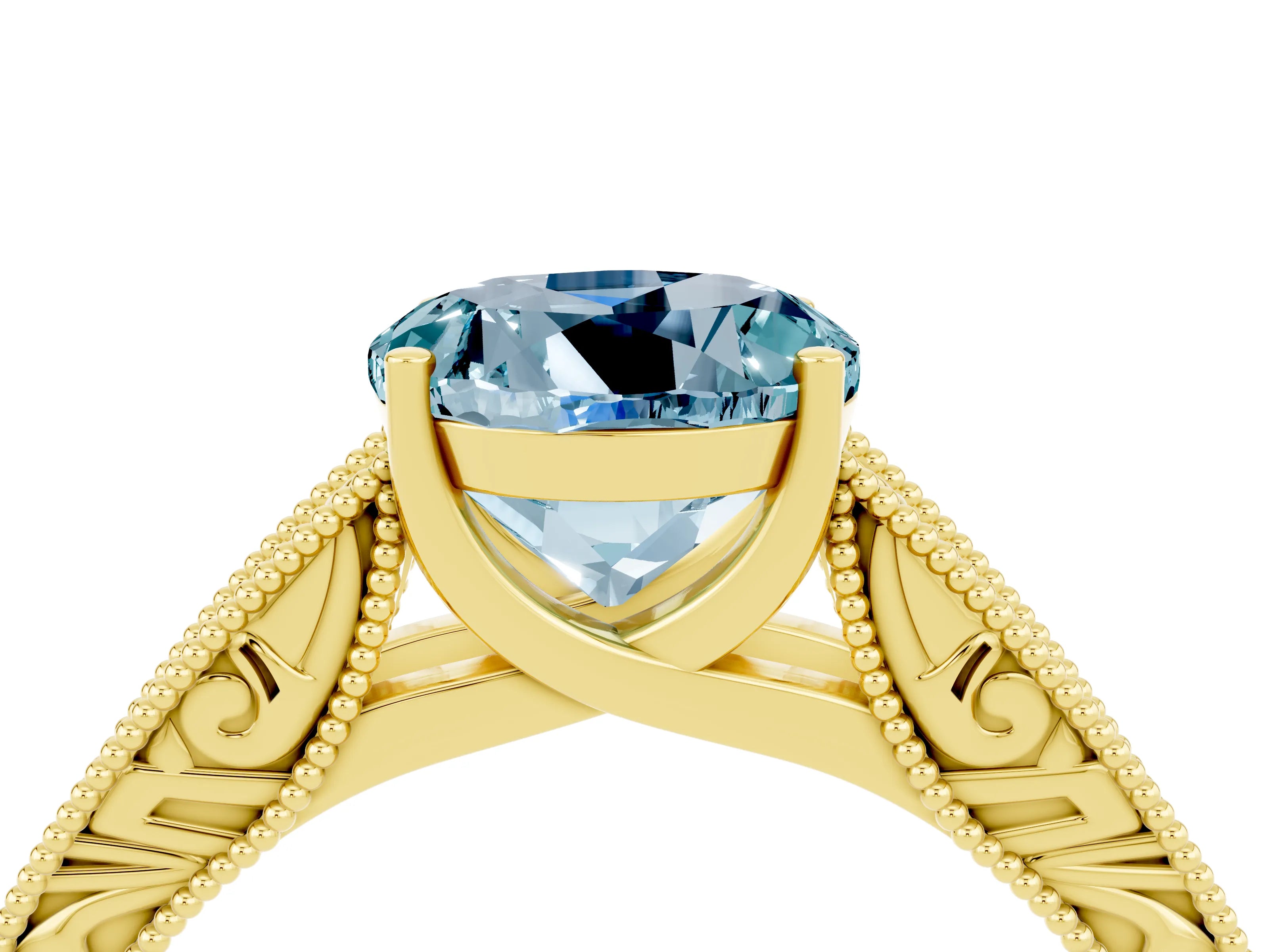 Yellow gold Round Cut Aquamarine Solitaire Ring with Engraved Band and Four-Prong Setting_4