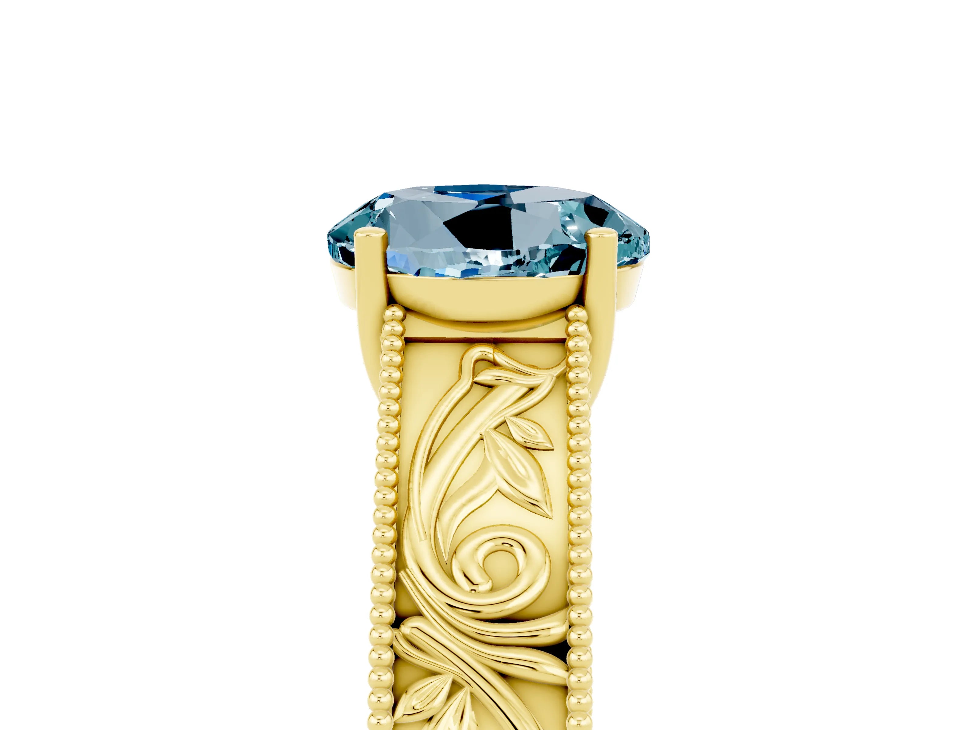 Yellow gold Round Cut Aquamarine Solitaire Ring with Engraved Band and Four-Prong Setting_5