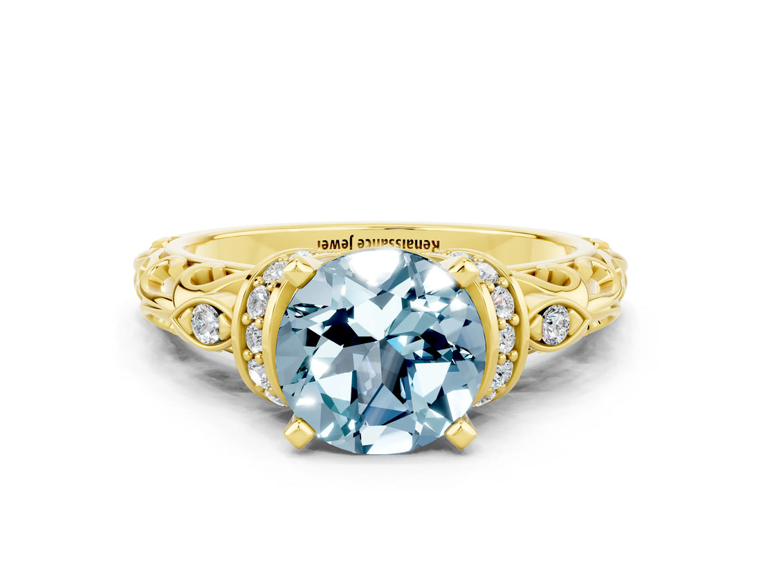 Yellow gold Round Cut Aquamarine Solitaire Ring with Filigree Band and Four-Prong Setting_24
