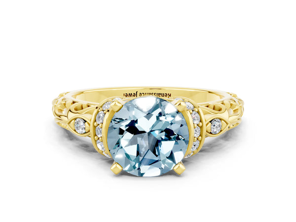 Yellow gold Round Cut Aquamarine Solitaire Ring with Filigree Band and Four-Prong Setting