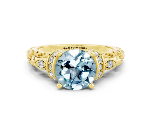 Yellow gold Round Cut Aquamarine Solitaire Ring with Filigree Band and Four-Prong Setting_24