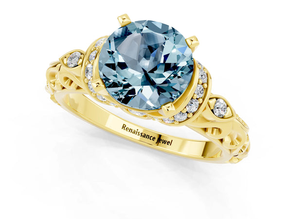 Yellow gold Round Cut Aquamarine Solitaire Ring with Filigree Band and Four-Prong Setting