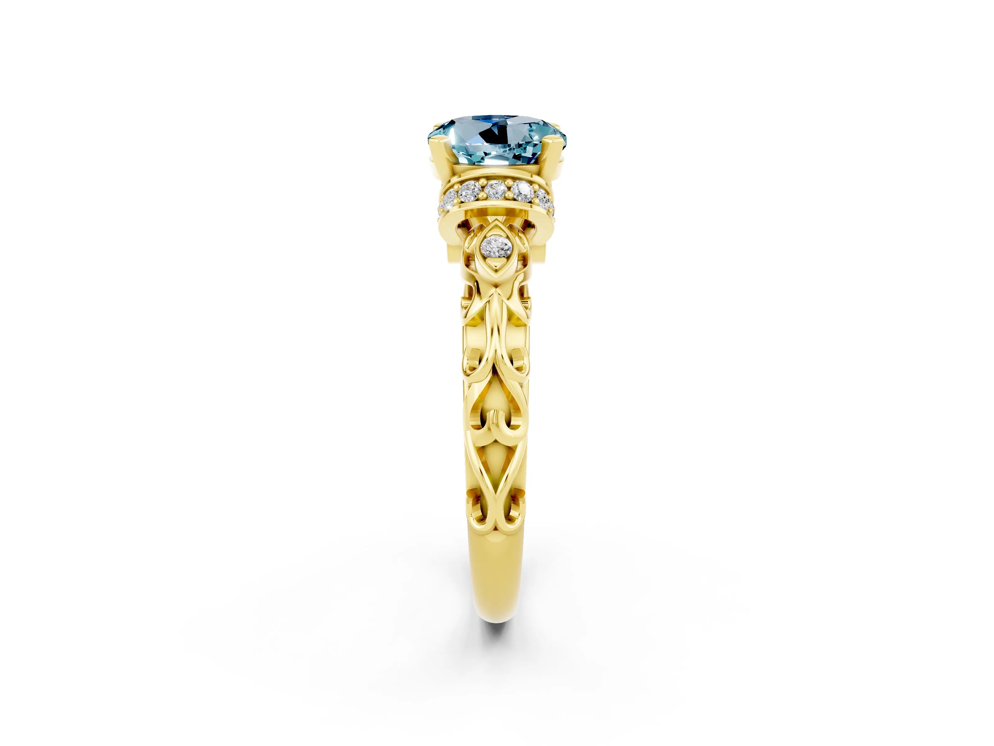 Yellow gold Round Cut Aquamarine Solitaire Ring with Filigree Band and Four-Prong Setting_26