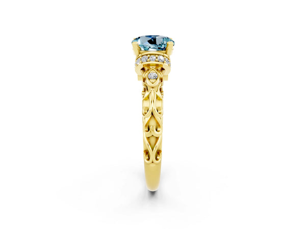 Yellow gold Round Cut Aquamarine Solitaire Ring with Filigree Band and Four-Prong Setting