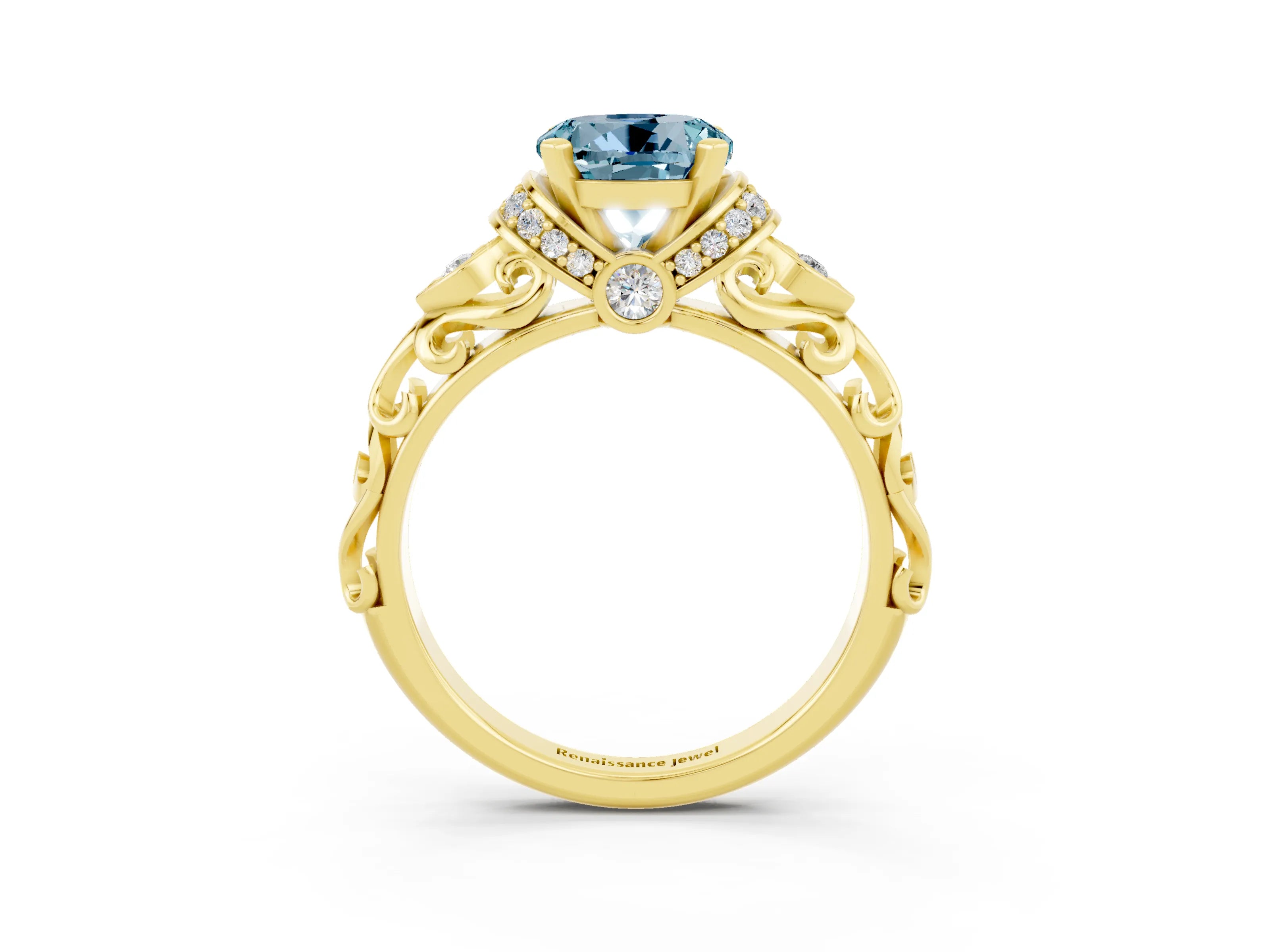 Yellow gold Round Cut Aquamarine Solitaire Ring with Filigree Band and Four-Prong Setting_27