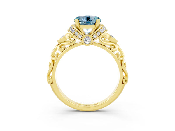Yellow gold Round Cut Aquamarine Solitaire Ring with Filigree Band and Four-Prong Setting