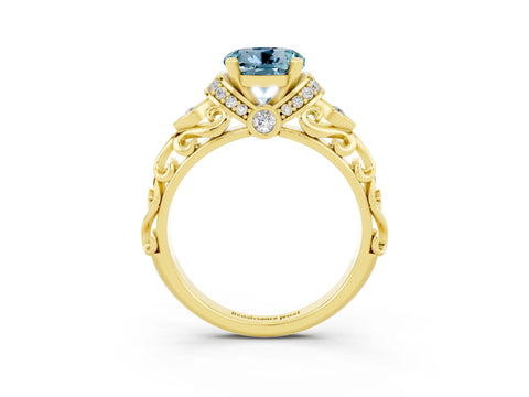 Yellow gold Round Cut Aquamarine Solitaire Ring with Filigree Band and Four-Prong Setting_27