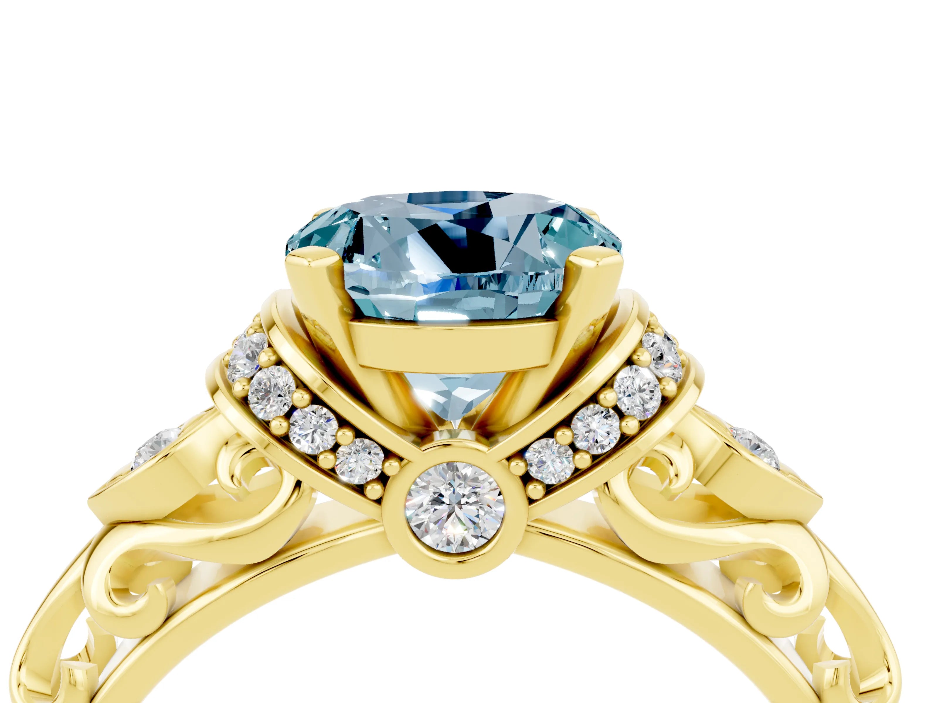 Yellow gold Round Cut Aquamarine Solitaire Ring with Filigree Band and Four-Prong Setting_28
