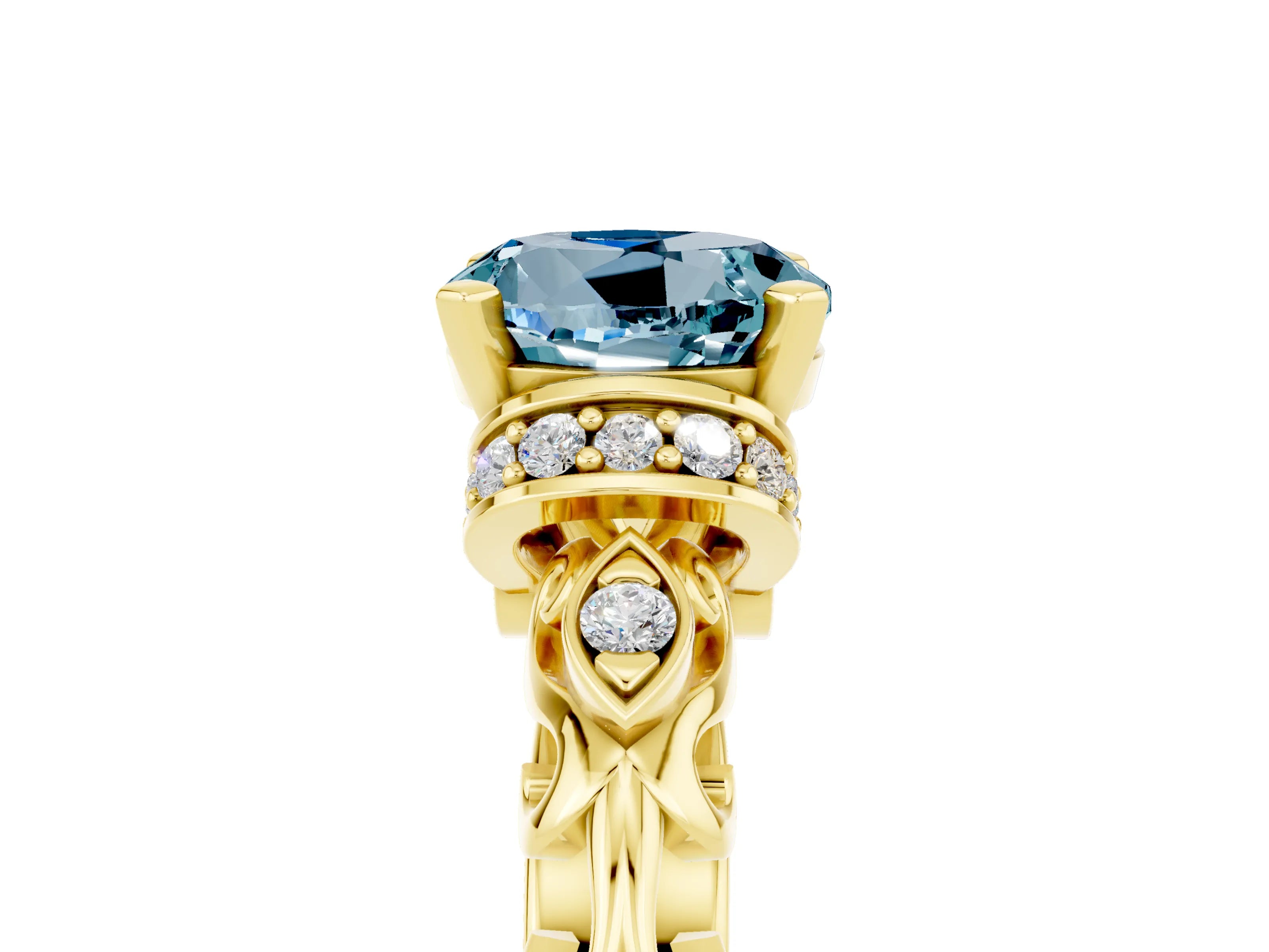 Yellow gold Round Cut Aquamarine Solitaire Ring with Filigree Band and Four-Prong Setting_29