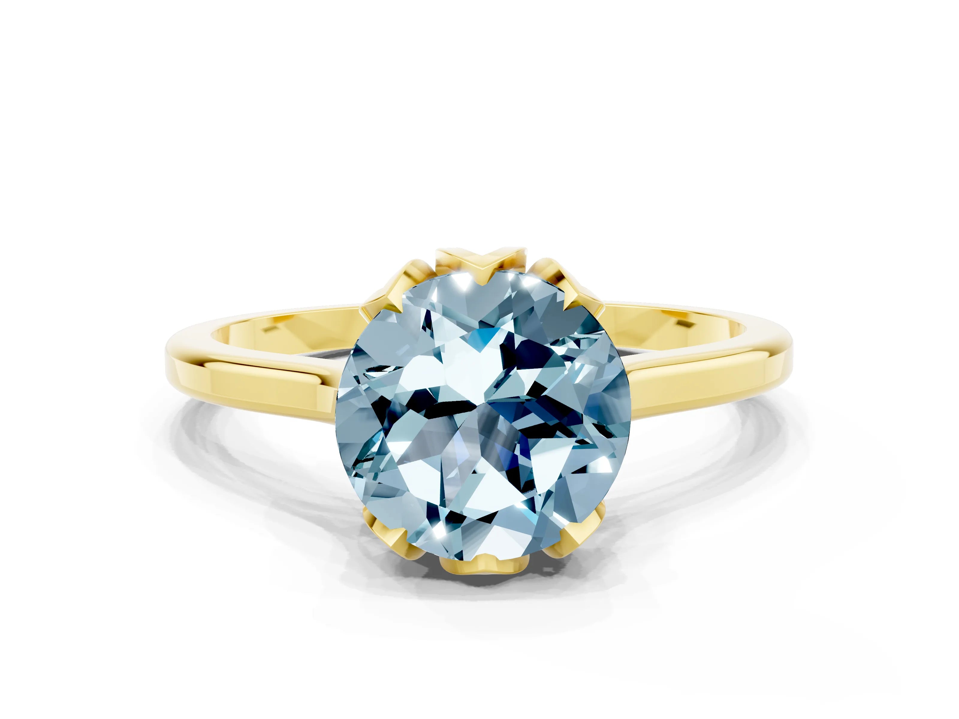 Yellow gold Round Cut Aquamarine Solitaire Ring with Flower Prong Setting and Classic Band_12