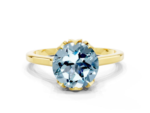 Yellow gold Round Cut Aquamarine Solitaire Ring with Flower Prong Setting and Classic Band_12