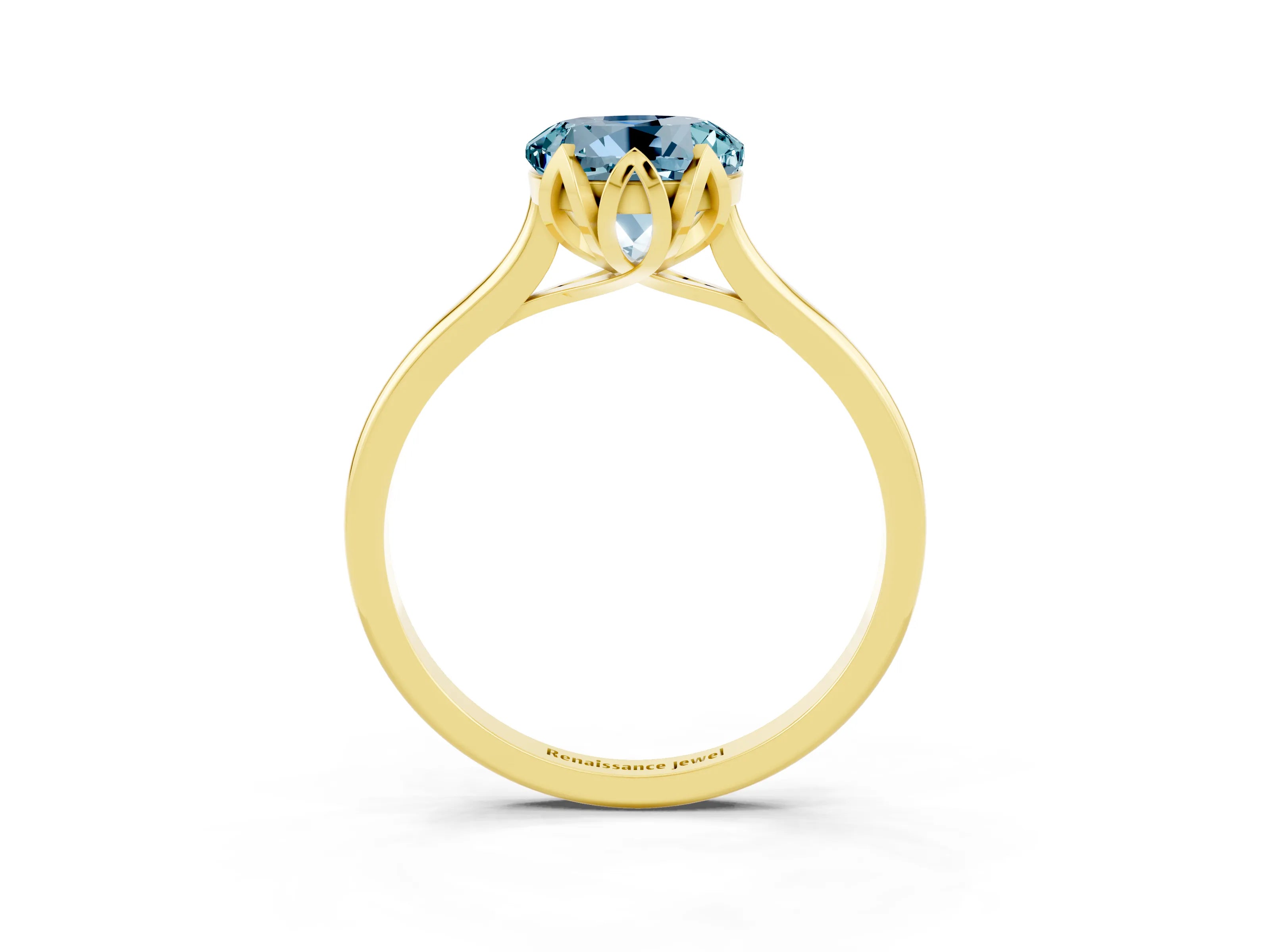 Yellow gold Round Cut Aquamarine Solitaire Ring with Flower Prong Setting and Classic Band_15