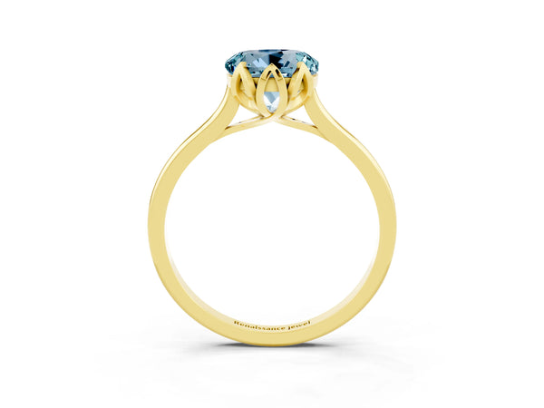 Yellow gold Round Cut Aquamarine Solitaire Ring with Flower Prong Setting and Classic Band