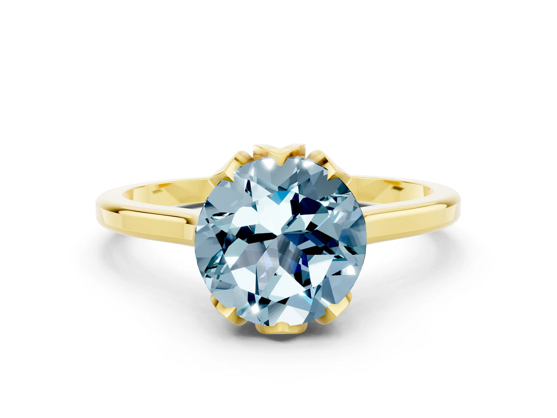 Yellow gold Round Cut Aquamarine Solitaire Ring with Flower Prong Setting and Classic Band_37