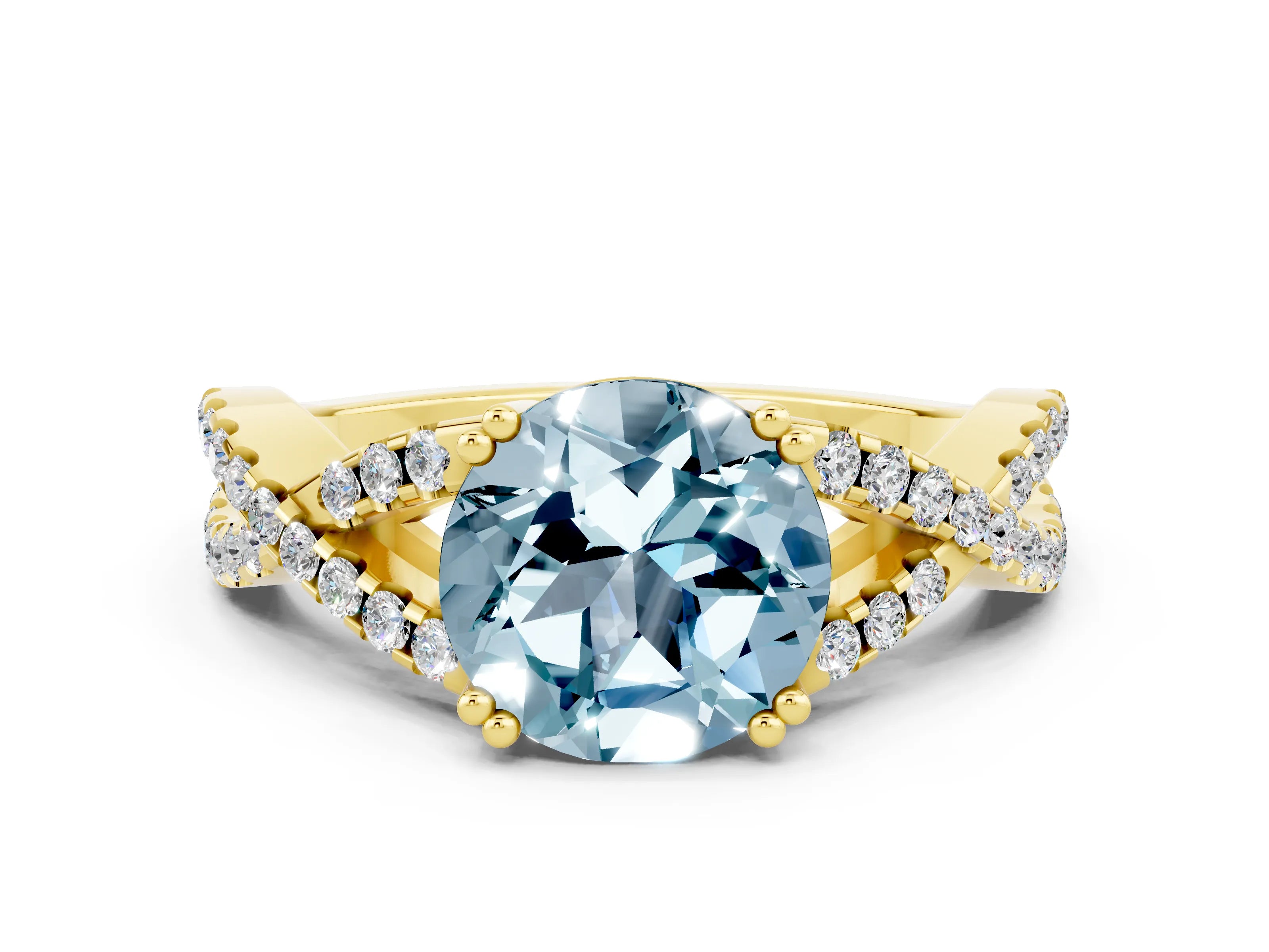 Yellow gold Round Cut Aquamarine Solitaire Ring with Four-Prong Setting and Twisted Pavé Band