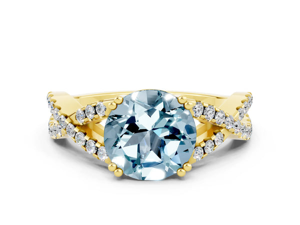 Yellow gold Round Cut Aquamarine Solitaire Ring with Four-Prong Setting and Twisted Pavé Band