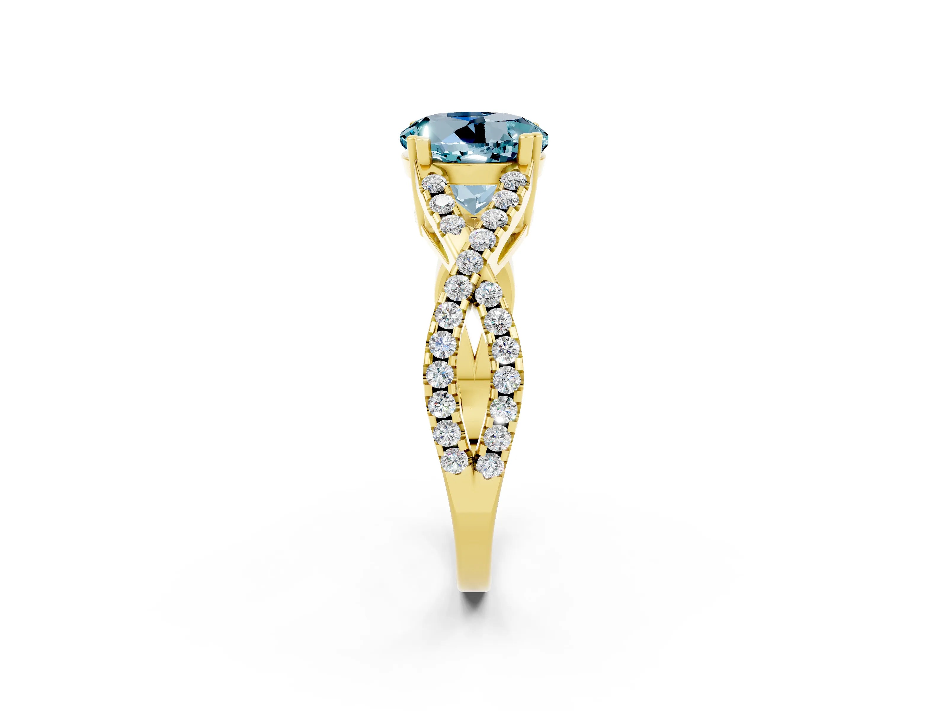 Yellow gold Round Cut Aquamarine Solitaire Ring with Four-Prong Setting and Twisted Pavé Band_2