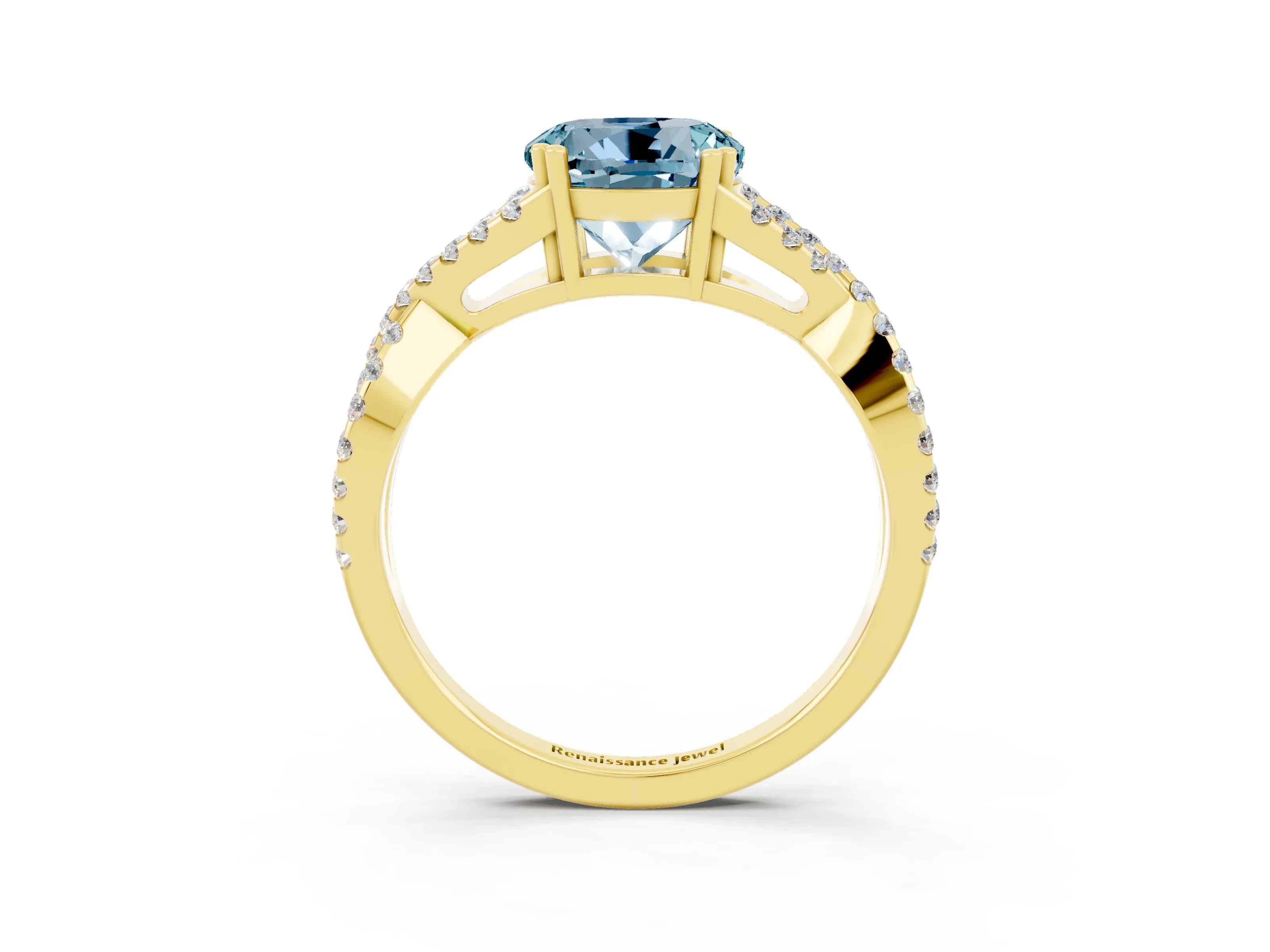 Yellow gold Round Cut Aquamarine Solitaire Ring with Four-Prong Setting and Twisted Pavé Band_3