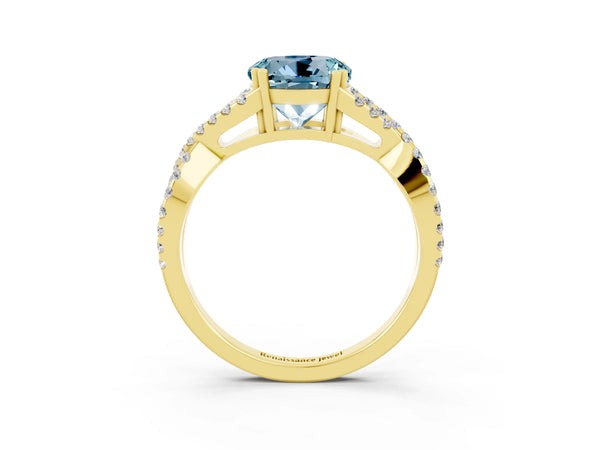 Yellow gold Round Cut Aquamarine Solitaire Ring with Four-Prong Setting and Twisted Pavé Band