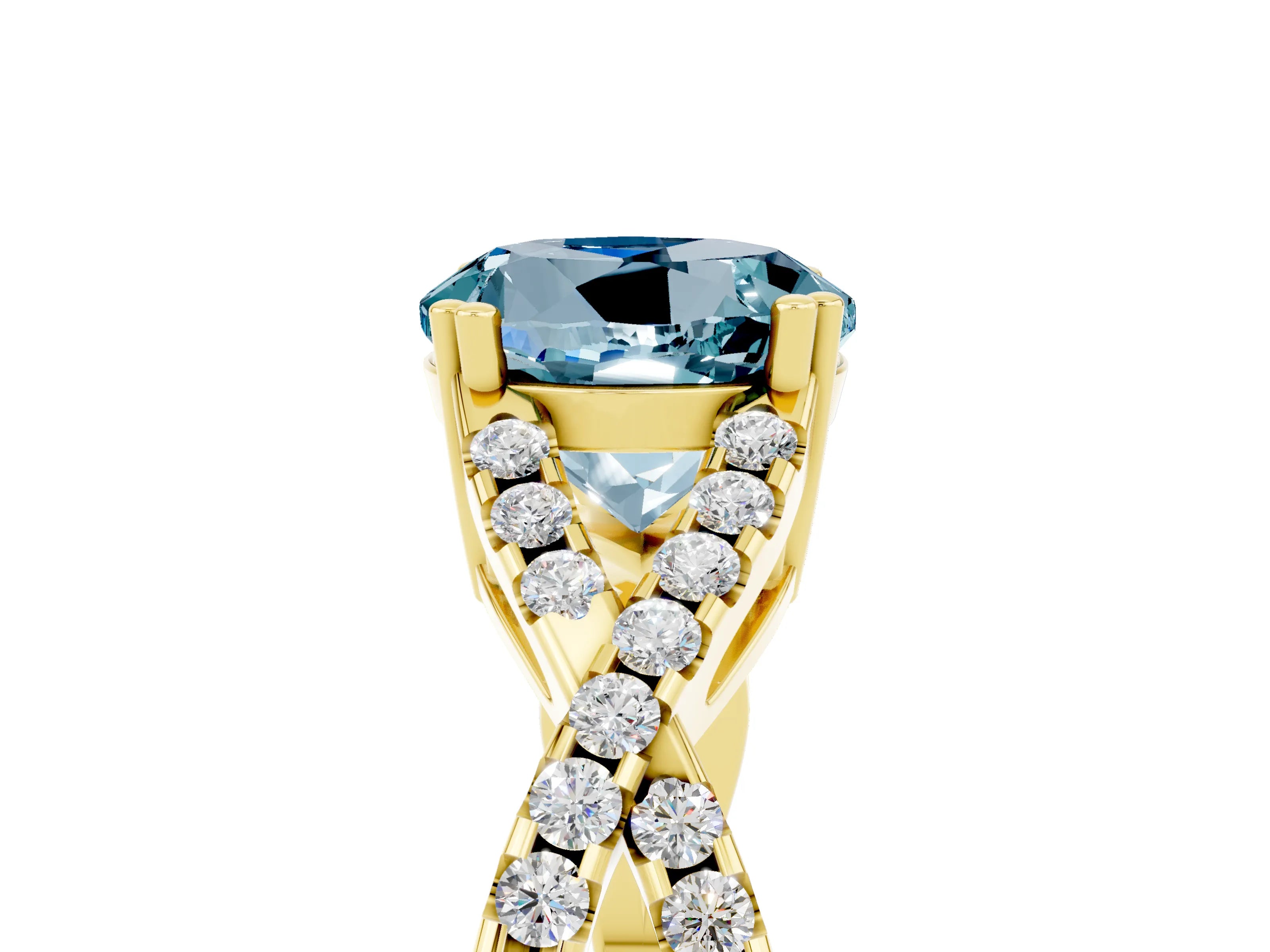 Yellow gold Round Cut Aquamarine Solitaire Ring with Four-Prong Setting and Twisted Pavé Band_5
