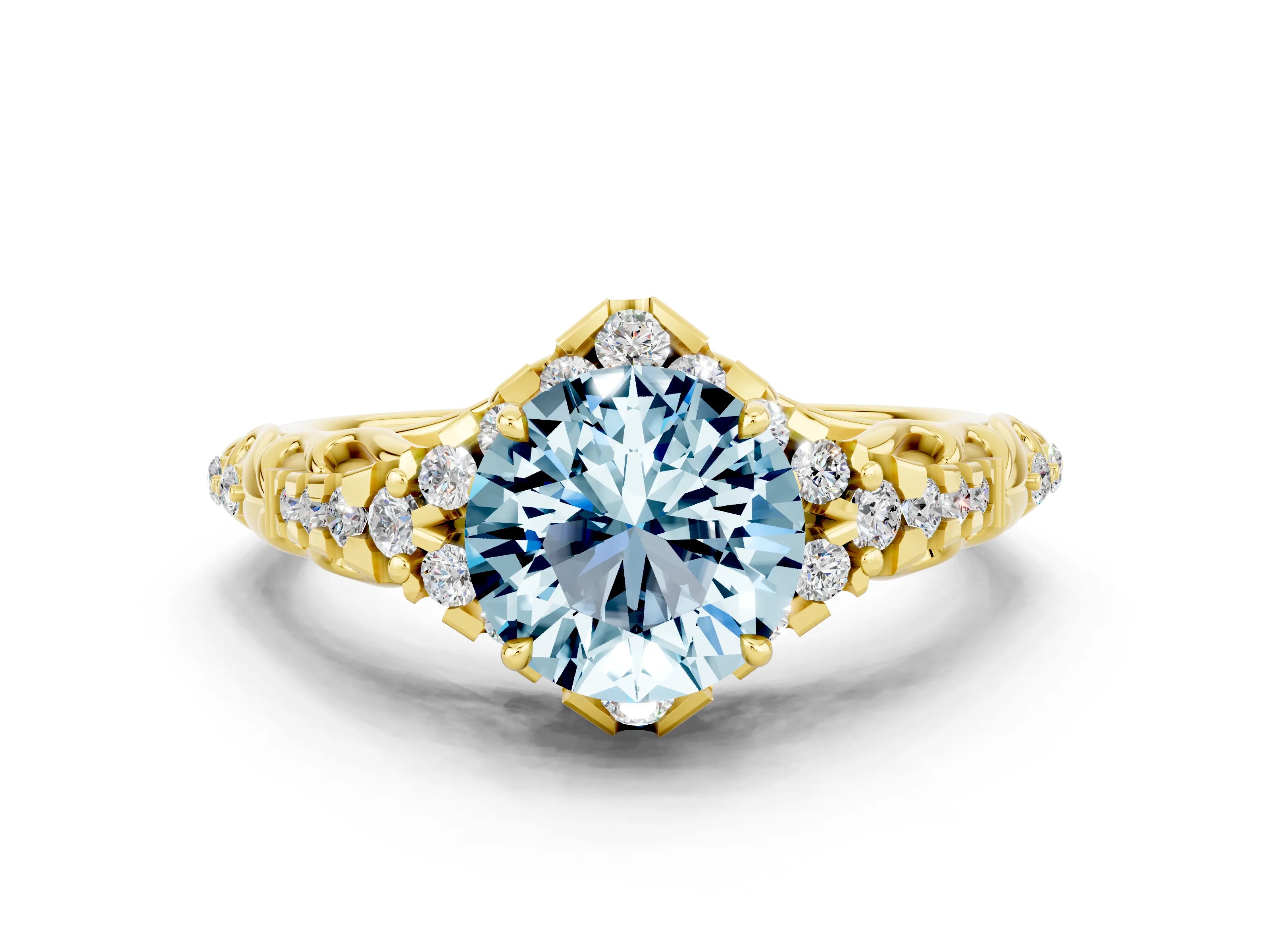 Yellow gold Round Cut Aquamarine Solitaire Ring with Hidden Halo and Pavé Band_12