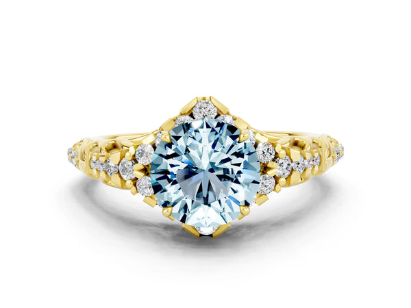Yellow gold Round Cut Aquamarine Solitaire Ring with Hidden Halo and Pavé Band