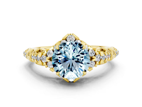 Yellow gold Round Cut Aquamarine Solitaire Ring with Hidden Halo and Pavé Band_12