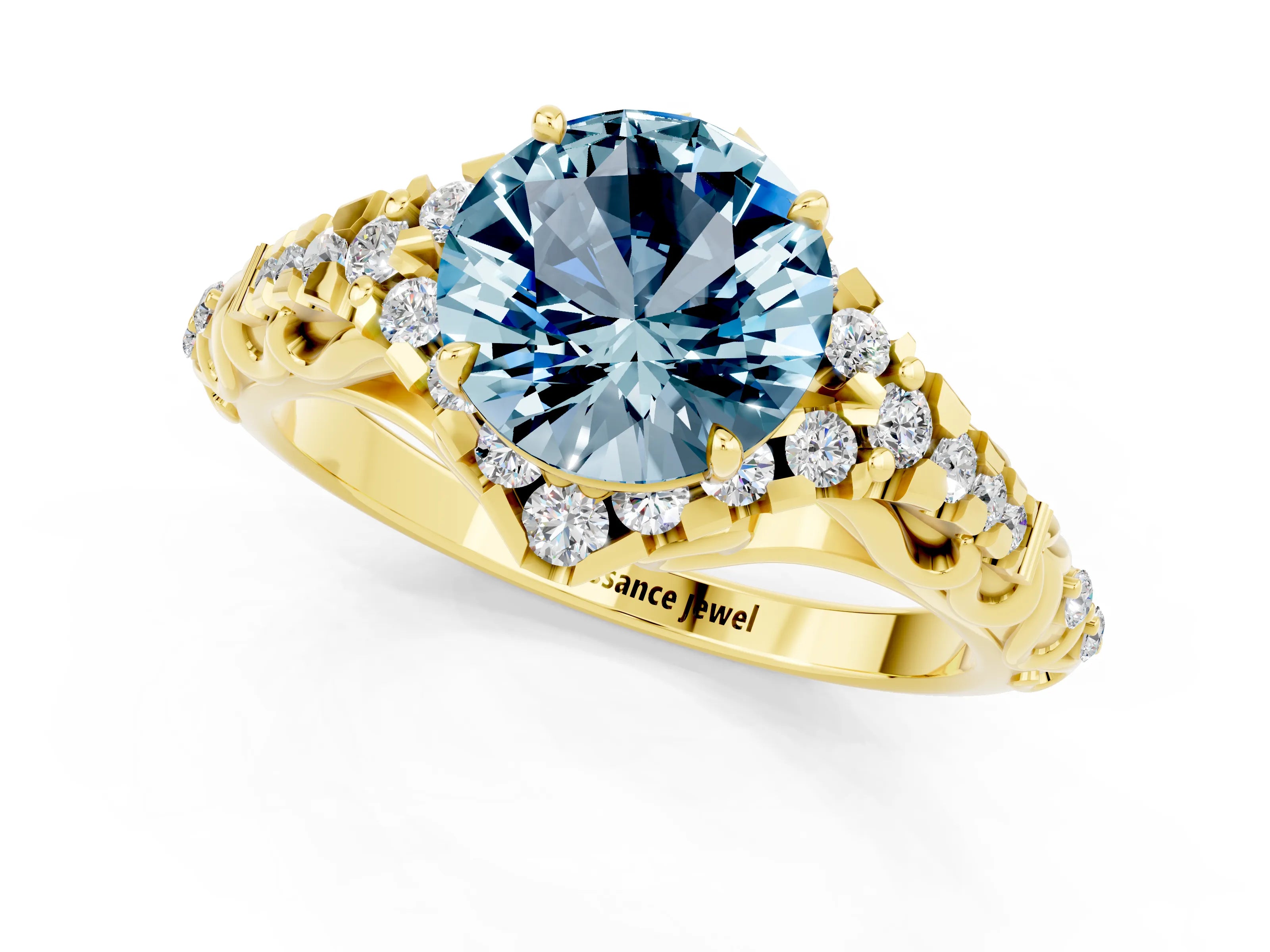 Yellow gold Round Cut Aquamarine Solitaire Ring with Hidden Halo and Pavé Band_13