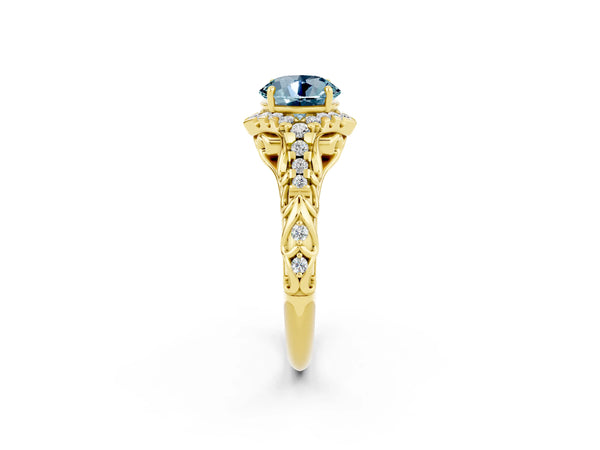 Yellow gold Round Cut Aquamarine Solitaire Ring with Hidden Halo and Pavé Band