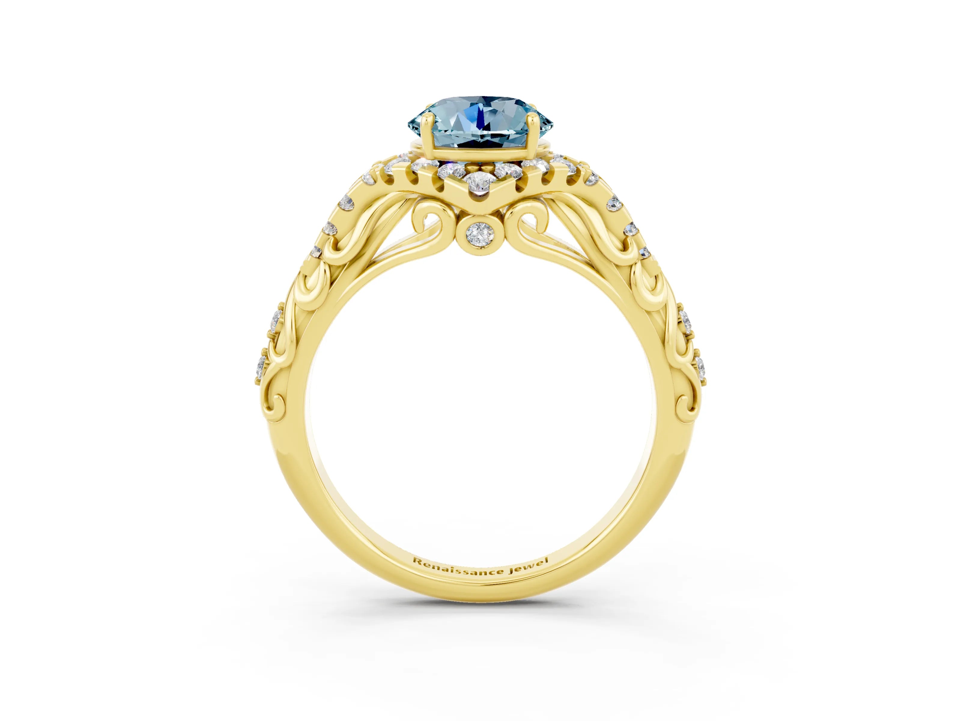Yellow gold Round Cut Aquamarine Solitaire Ring with Hidden Halo and Pavé Band_15