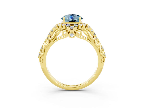 Yellow gold Round Cut Aquamarine Solitaire Ring with Hidden Halo and Pavé Band