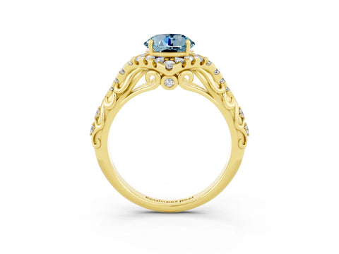Yellow gold Round Cut Aquamarine Solitaire Ring with Hidden Halo and Pavé Band_15