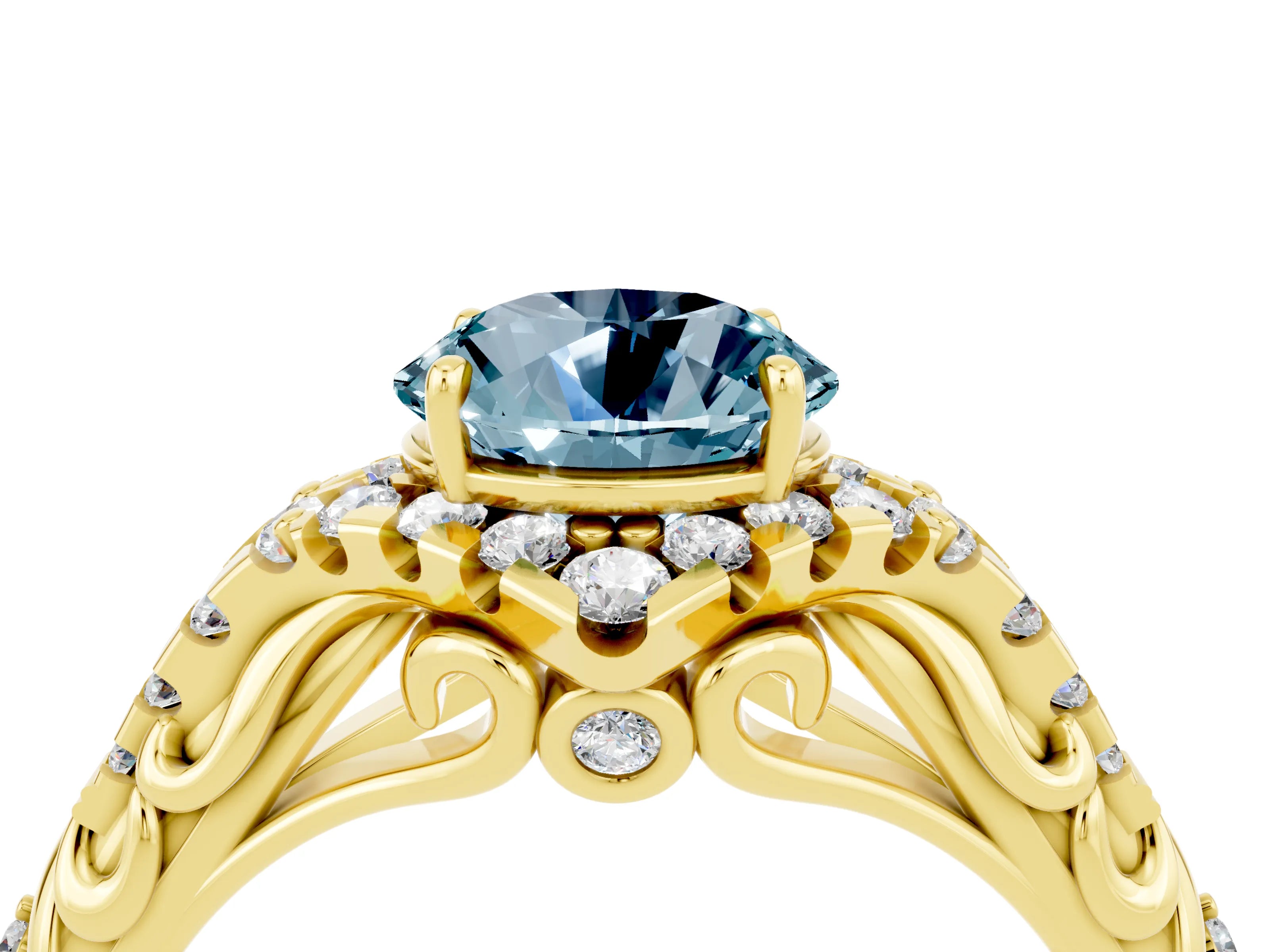 Yellow gold Round Cut Aquamarine Solitaire Ring with Hidden Halo and Pavé Band_16