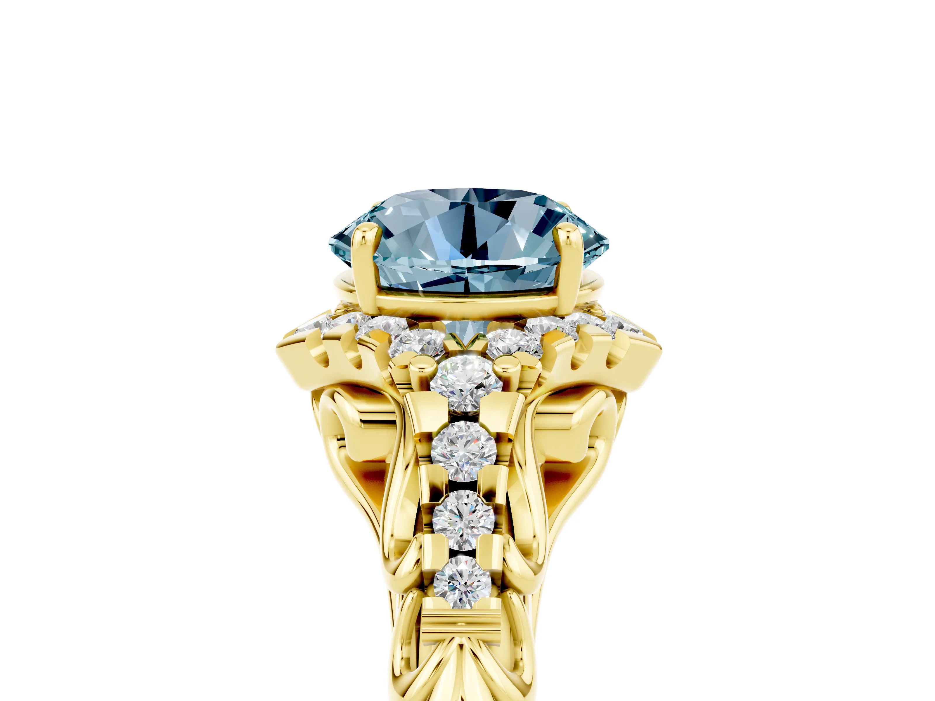 Yellow gold Round Cut Aquamarine Solitaire Ring with Hidden Halo and Pavé Band_17