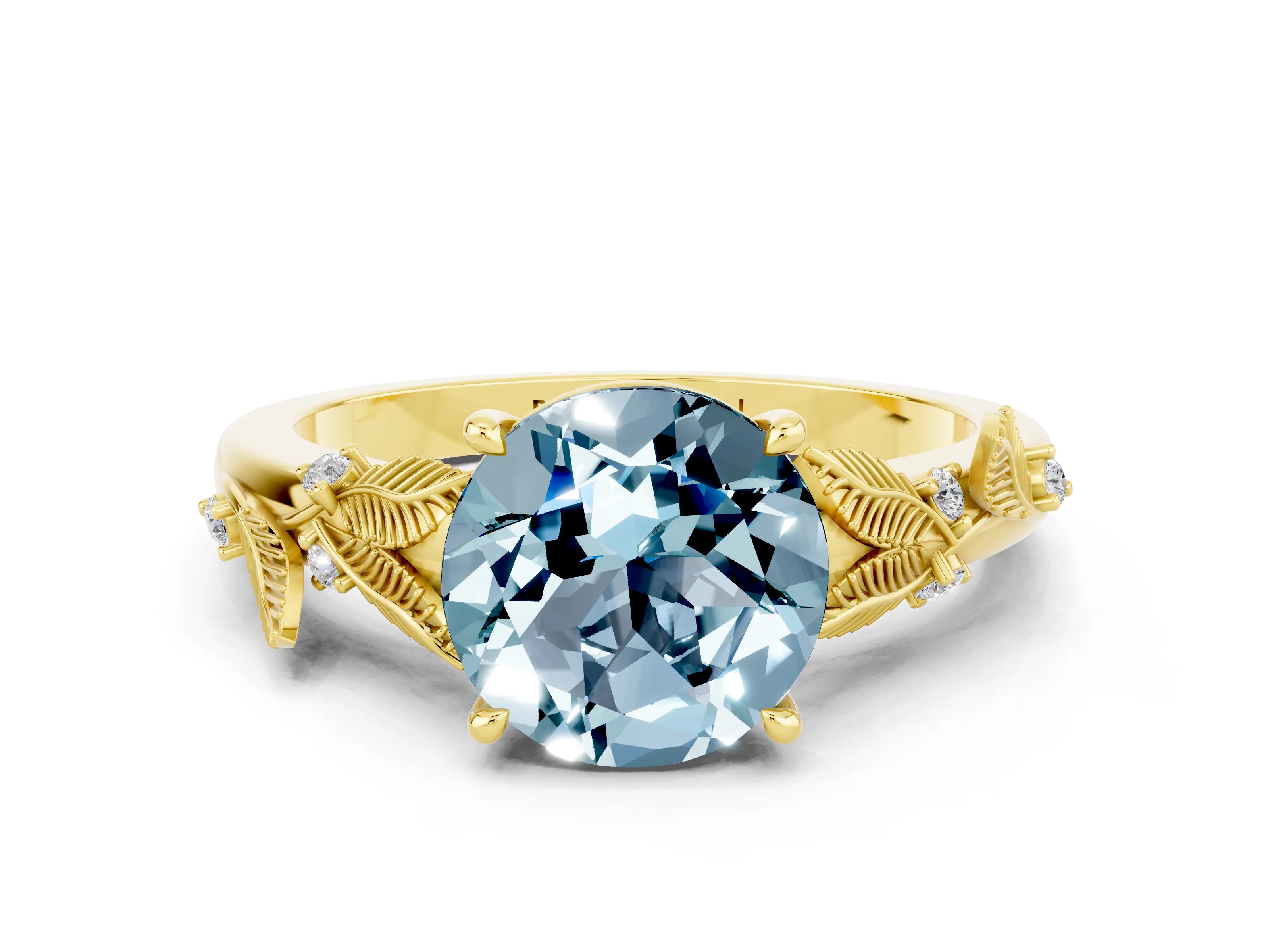 Yellow gold Round Cut Aquamarine Solitaire Ring with Leaf Motif Band and Four-Prong Setting