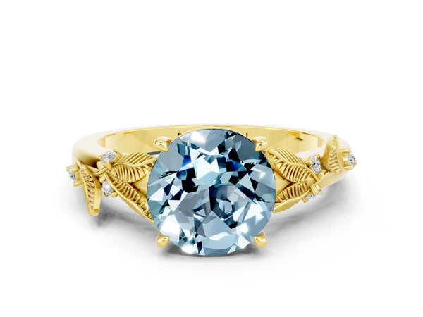 Yellow gold Round Cut Aquamarine Solitaire Ring with Leaf Motif Band and Four-Prong Setting
