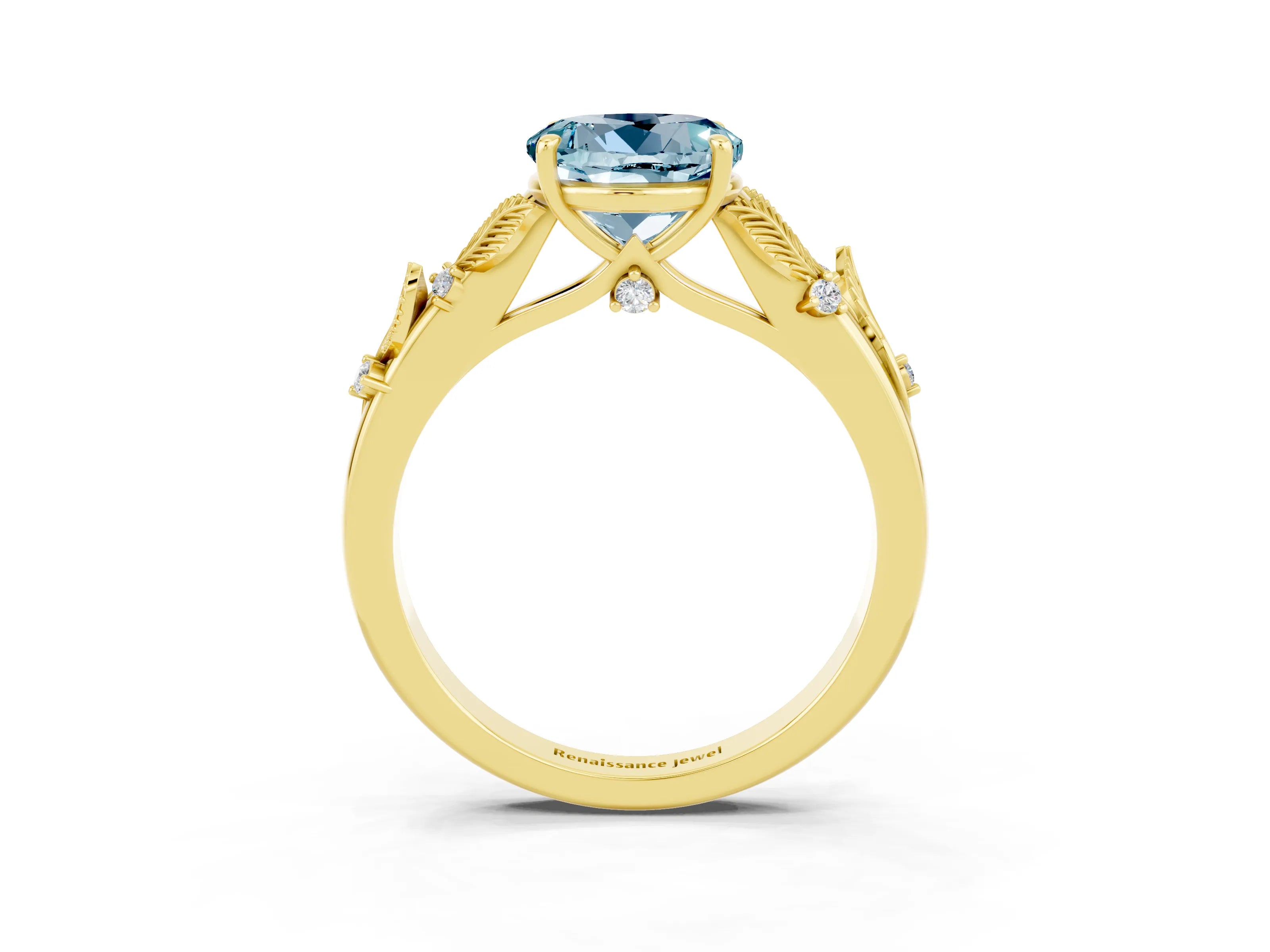 Yellow gold Round Cut Aquamarine Solitaire Ring with Leaf Motif Band and Four-Prong Setting_3